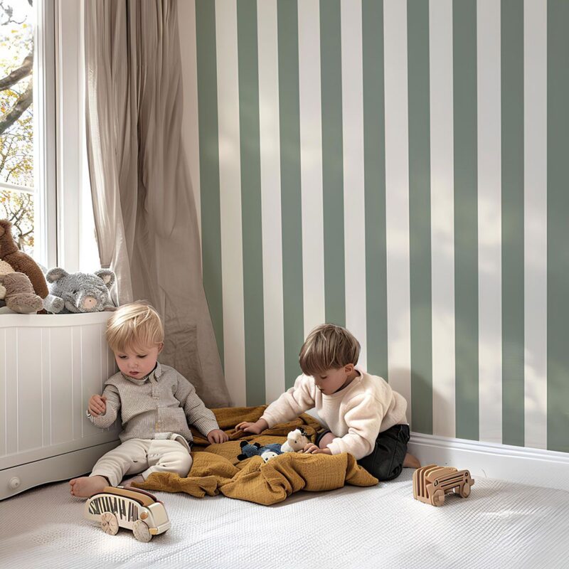 Papier peint rayure enfant vert sauge